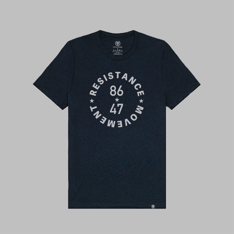 A heather navy blue colored, unisex political t-shirt. The grey text says "86 47"in the middle with"Resistance Movement" around it.