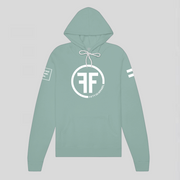 A dusty green equality hoodie with a white equal sign on left arm, and the text, Fifty 50 Apparel is made for equality, no more, no less, just equal, on the right arm.  Center chest logo has two Fs, back to back with a circle.