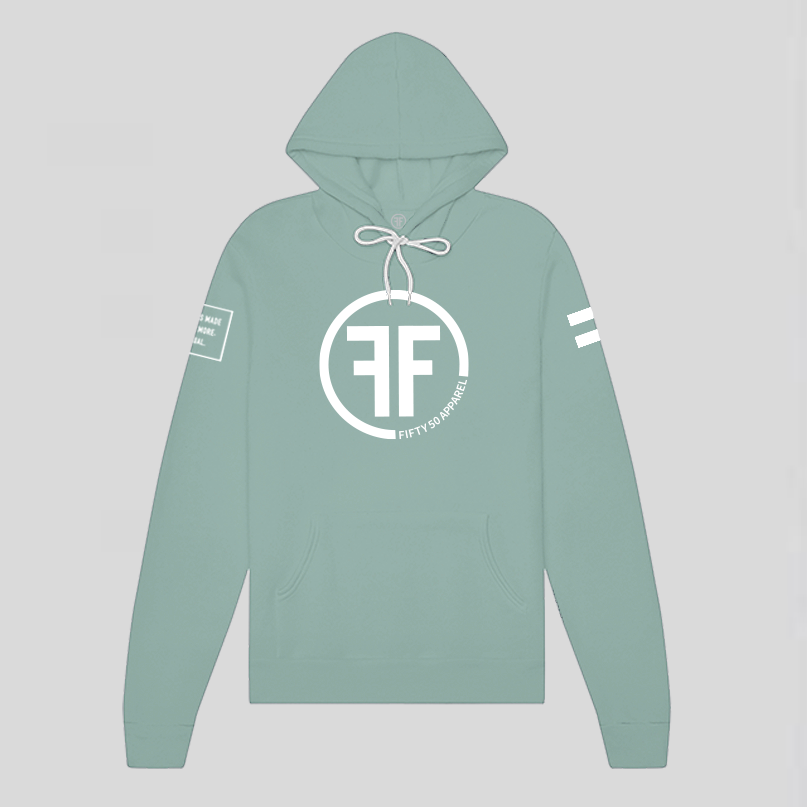 A dusty green equality hoodie with a white equal sign on left arm, and the text, Fifty 50 Apparel is made for equality, no more, no less, just equal, on the right arm.  Center chest logo has two Fs, back to back with a circle.