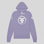 A lavender equality hoodie with a white equal sign on left arm, and the text, Fifty 50 Apparel is made for equality, no more, no less, just equal, on the right arm.  Center chest logo has two Fs, back to back with a circle.