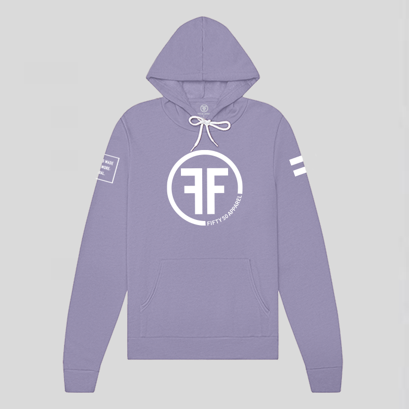 A lavender equality hoodie with a white equal sign on left arm, and the text, Fifty 50 Apparel is made for equality, no more, no less, just equal, on the right arm.  Center chest logo has two Fs, back to back with a circle.