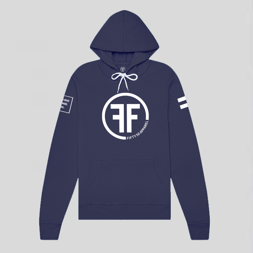 A navy blue equality hoodie with a white equal sign on left arm, and the text, Fifty 50 Apparel is made for equality, no more, no less, just equal, on the right arm.  Center chest logo has two Fs, back to back with a circle.