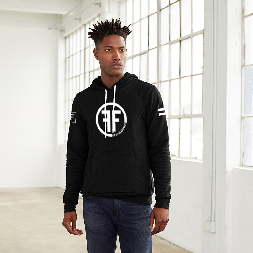 A man wearing a black equality hoodie with a white equal sign on left arm, and the text, Fifty 50 Apparel is made for equality, no more, no less, just equal, on the right arm. Center chest logo has two Fs, back to back outlined by a circle.