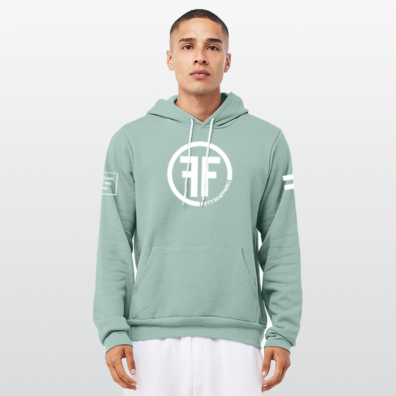 A man wearing adusty green equality hoodie with a white equal sign on left arm, and the text, Fifty 50 Apparel is made for equality, no more, no less, just equal, on the right arm. Center chest logo has two Fs, back to back outlined by a circle.