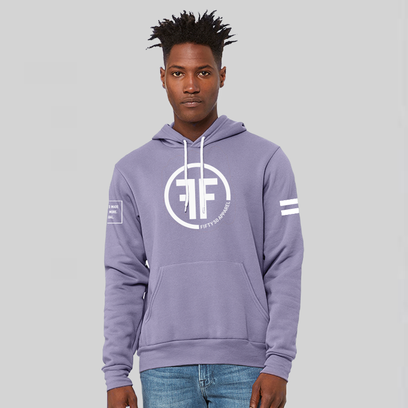 A man wearing a lavender equality hoodie with a white equal sign on left arm, and the text, Fifty 50 Apparel is made for equality, no more, no less, just equal, on the right arm. Center chest logo has two Fs, back to back outlined by a circle.