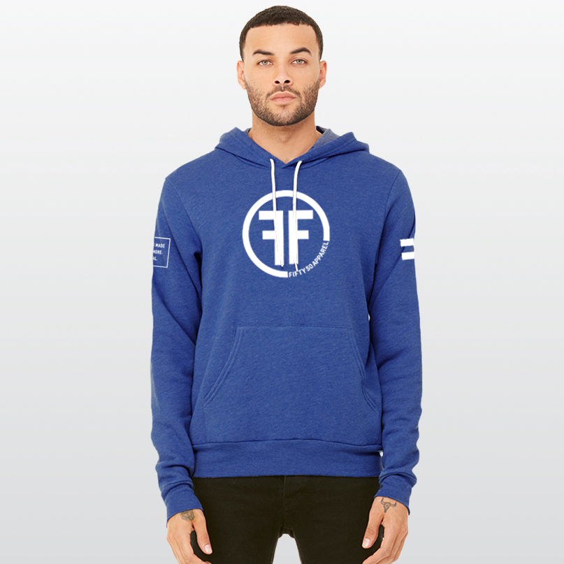 A man wearing a heather royal blue equality hoodie with a white equal sign on left arm, and the text, Fifty 50 Apparel is made for equality, no more, no less, just equal, on the right arm. Center chest logo has two Fs, back to back outlined by a circle.