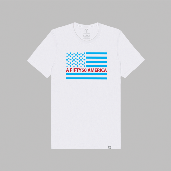 A white t-shirt with a large American flag. The flag is in turquoise and red with the text, A Fifty50 America.