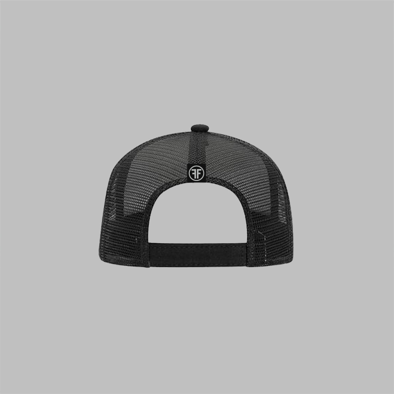 Back of a trucker hat with black mesh panels. A sewn on label is in black, and has two grey Fs, back to back, surrounded by a circle.