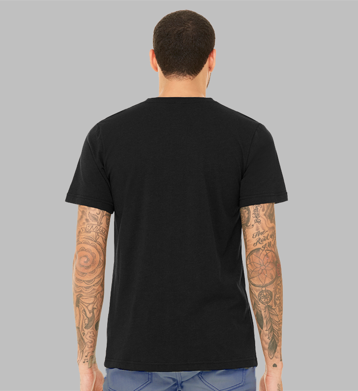Man wearing a black t-shirt with the words Just Equal in Slate Blue, bold font. In white text above, No More, and below, No Less. All outlined by a white circle. An equal sign is on the left sleeve. 