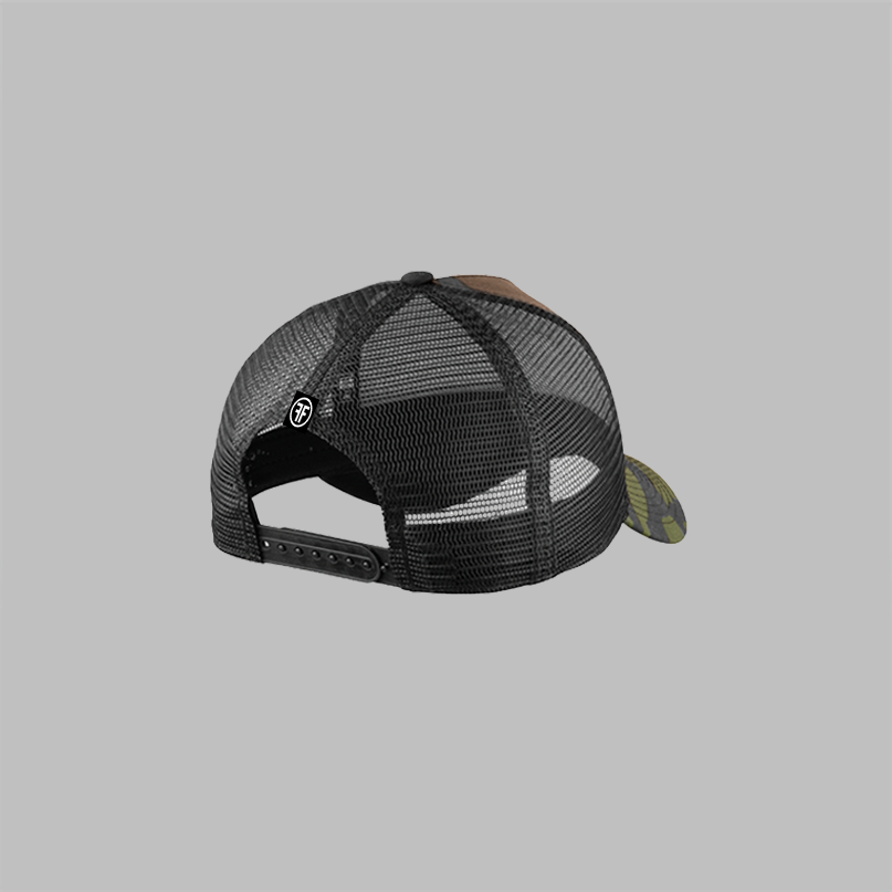 Back of a trucker hat with black mesh panels. A black label is sewn on the back, with two grey Fs, back to back, surrounded by a circle.