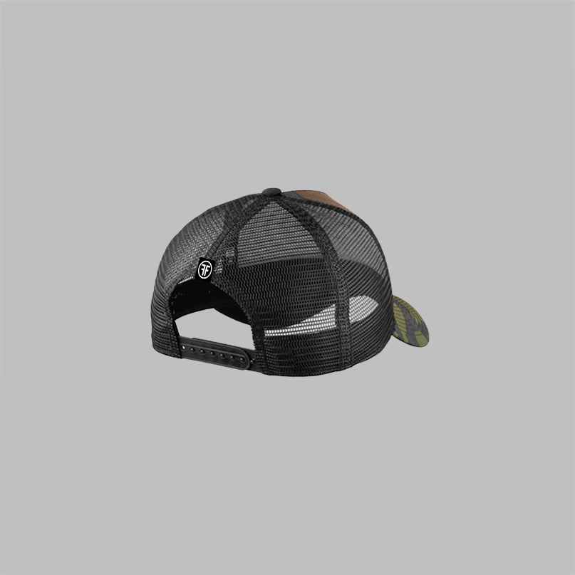 Back of a trucker hat with black mesh panels. A black label is sewn on the back, with two white Fs, back to back, surrounded by a circle.