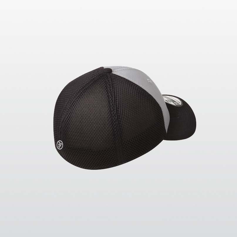 The back of a fitted hat with black, back mesh panels and a grey front. There is a white embroidered logo on the back that has two Fs, back to back, surrounded by a circle.