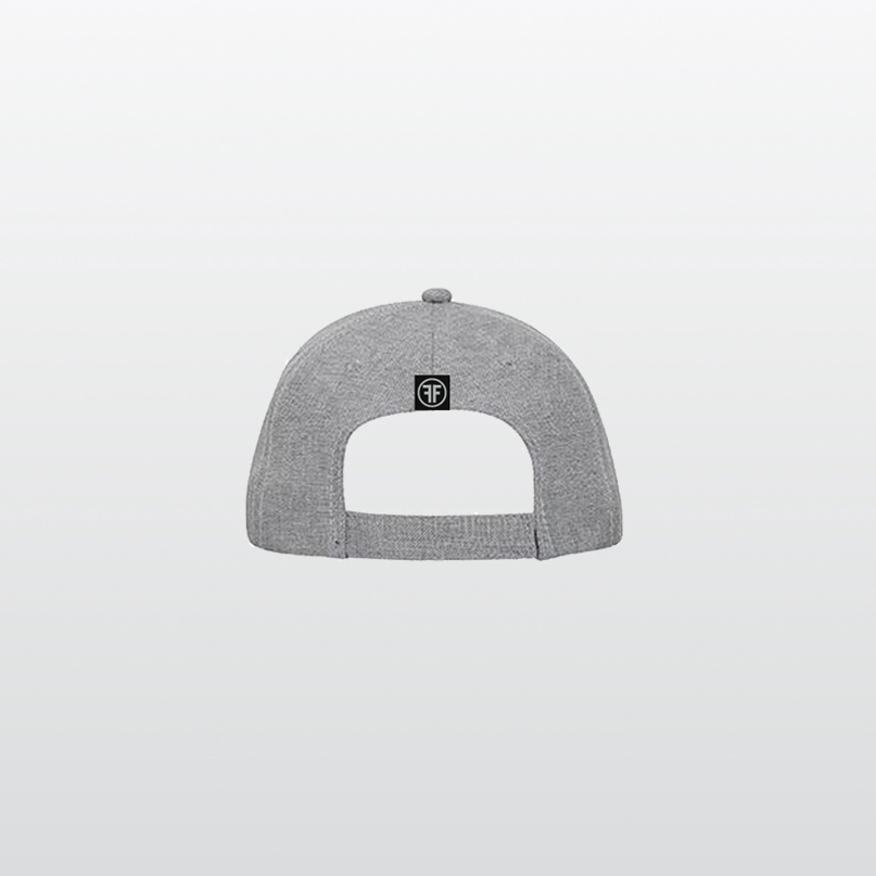 Back of a grey linen, textured hat with a velcro back. A black label is sewn on the back, with two grey Fs, back to back, surrounded by a circle.