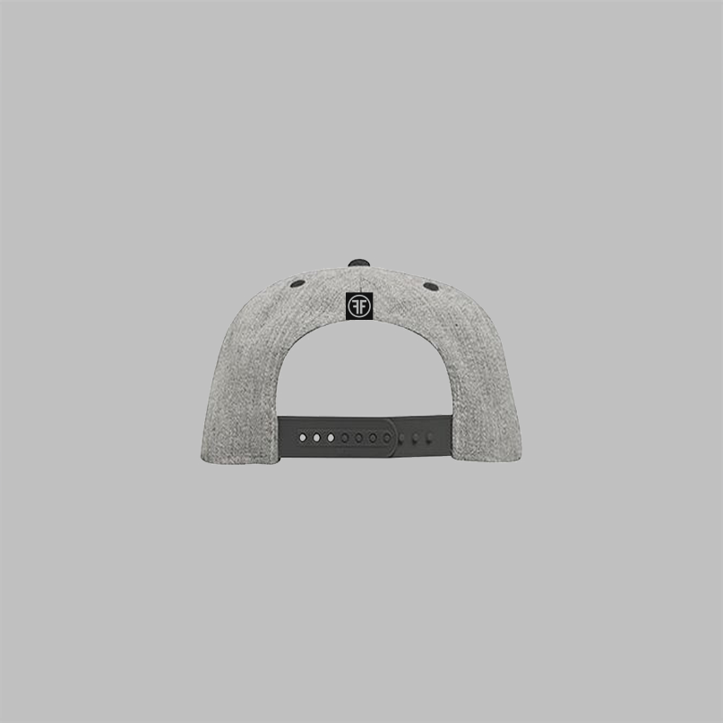 Back of a grey hat with black snapback and eyelits. A black label is sewn on the back, with two grey Fs, back to back, surrounded by a circle.