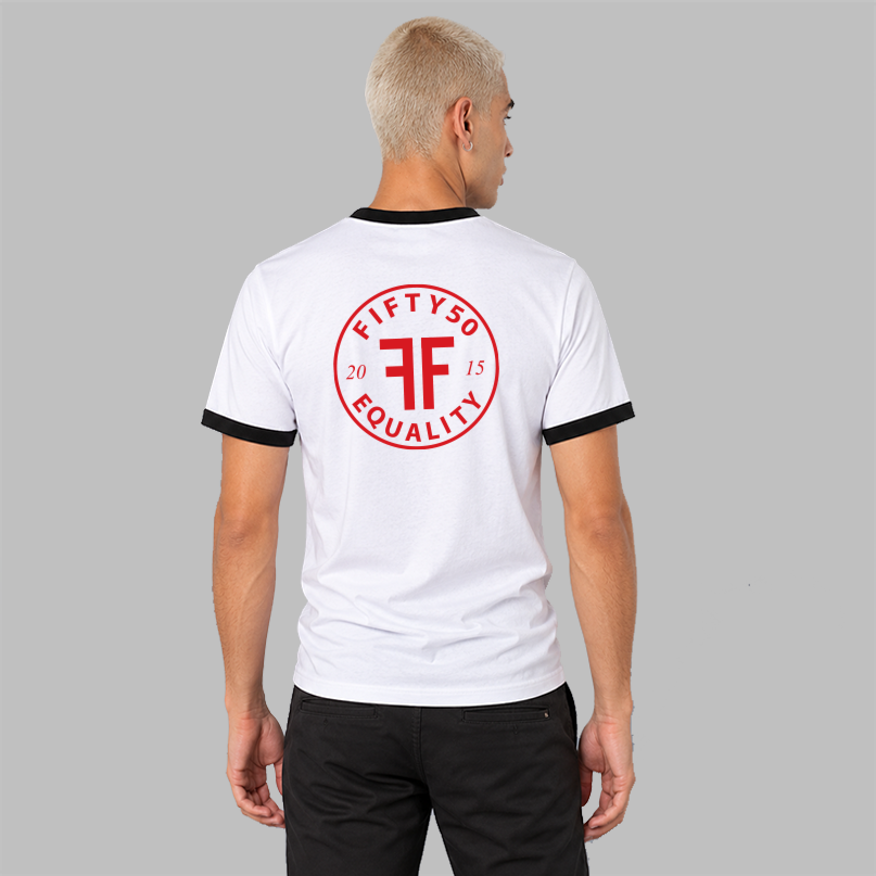 A view of man's back wearing a white ringer t-shirt with black trim on the collar and cuffs, featuring a red circular chest graphic that reads 'FIFTY50 EQUALITY 2015'.
