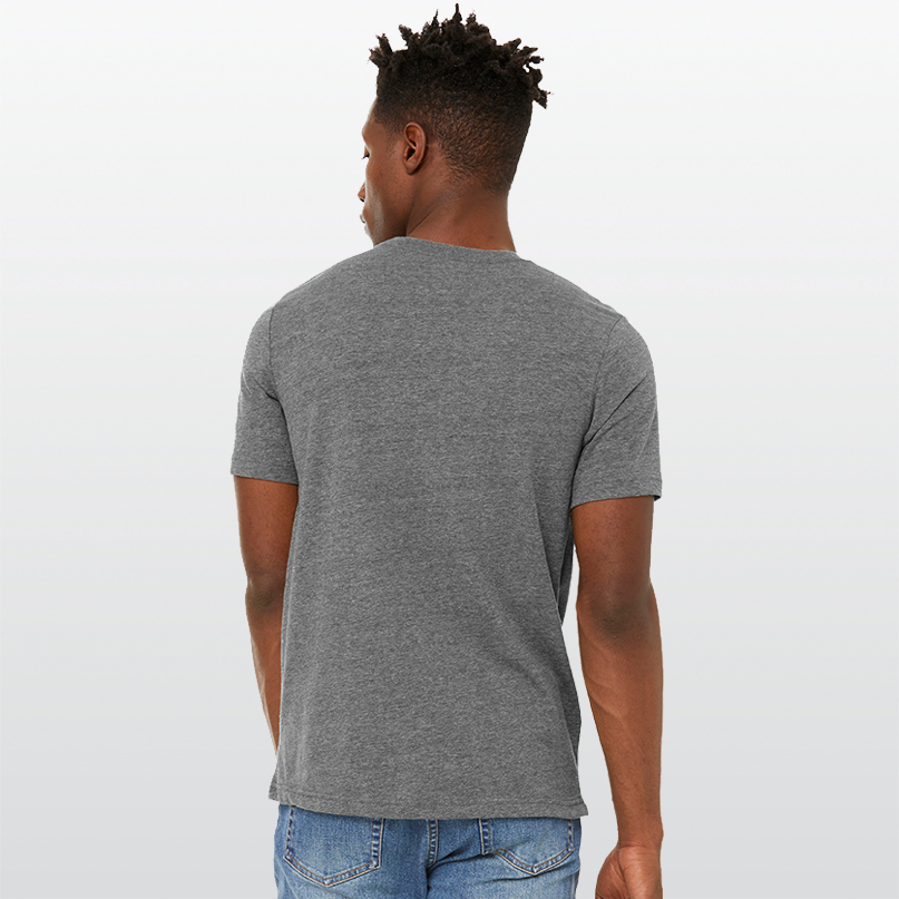 Back of a man wearing a grey t-shirt, showing a standard fit. There is no logo.