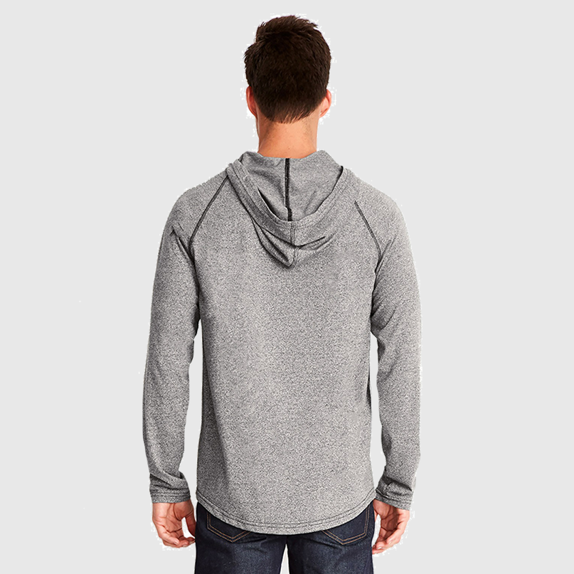 The back of a man wearing a heather grey hoodie to show a standard fit. There is no graphic or logo.