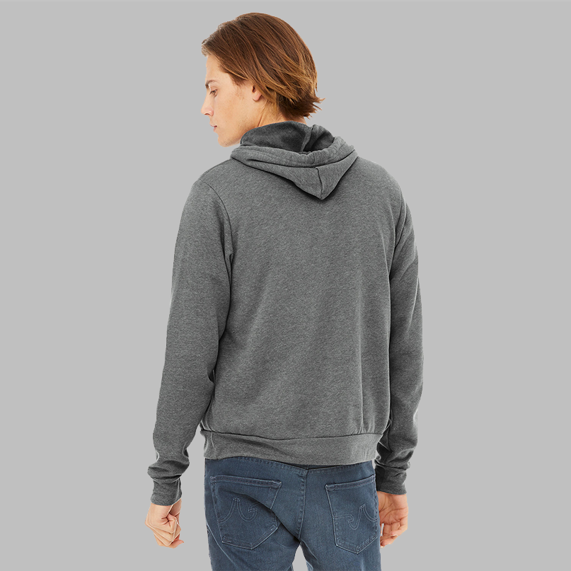 The back of a man wearing a grey hoodie showing a standard fit. There is no logo.