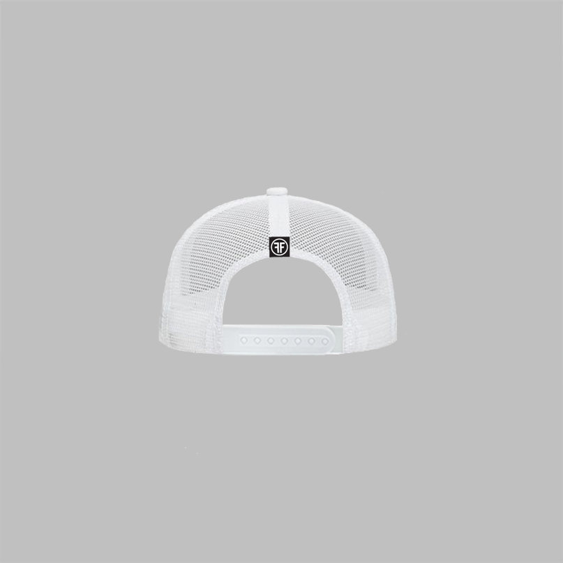 Back of a trucker hat with white mesh panels. A black label is sewn on the back, with two white Fs, back to back, surrounded by a circle.