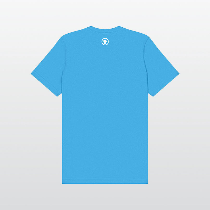 The back of a heather turquoise equality t-shirt. There is a white bold font logo with two Fs, back to back, surrounded by a circle. 