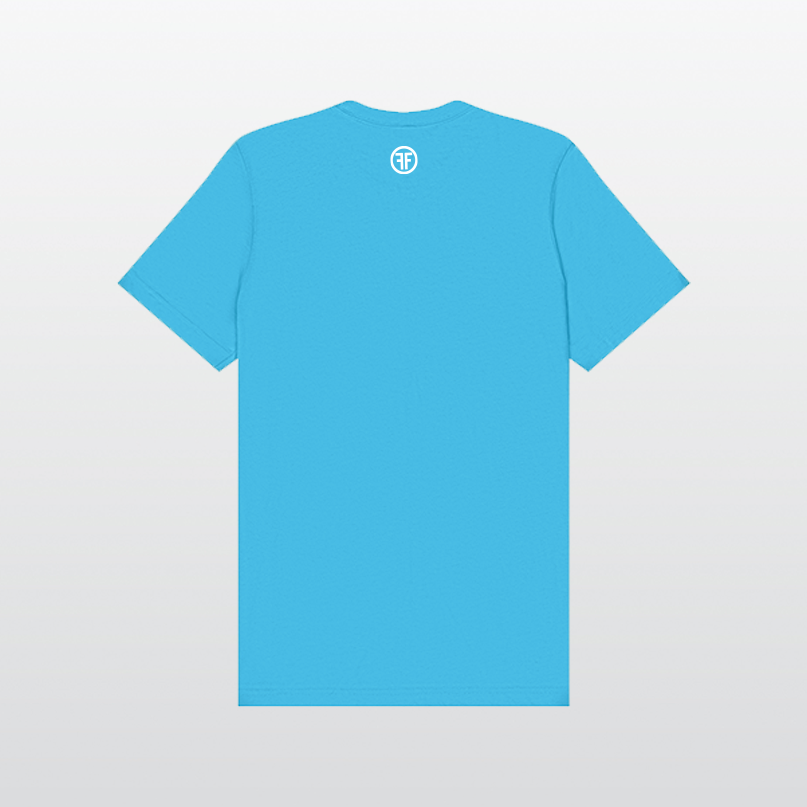 The back of a heather turquoise equality t-shirt. There is a white bold font logo with two Fs, back to back, surrounded by a circle. 