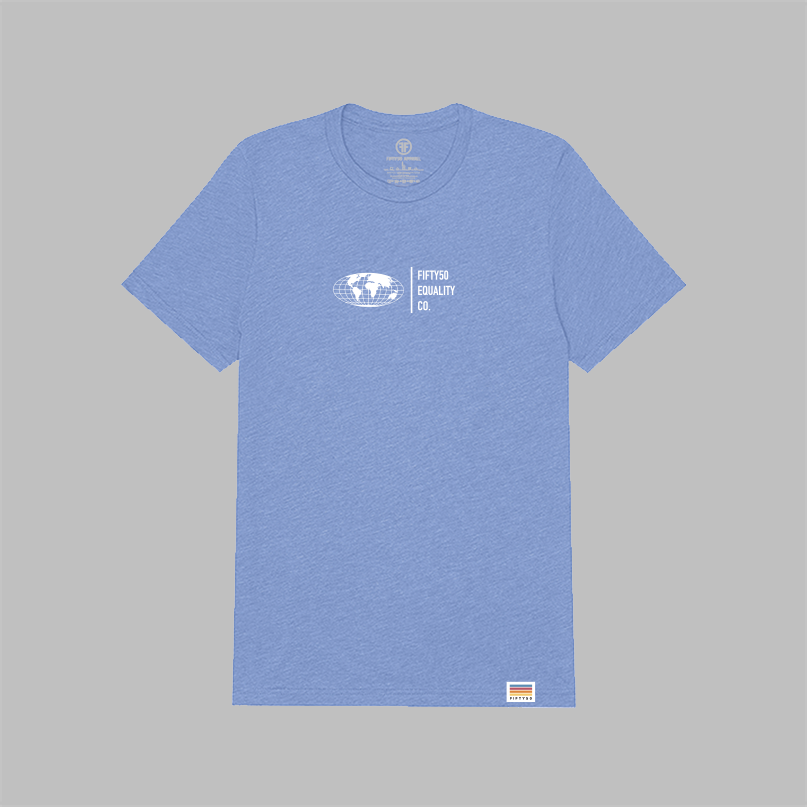 A heather blue short-sleeve t-shirt with a white graphic center chest featuring a globe and the text 'FIFTYT50 EQUALITY CO. The shirt is displayed flat against a solid gray background.