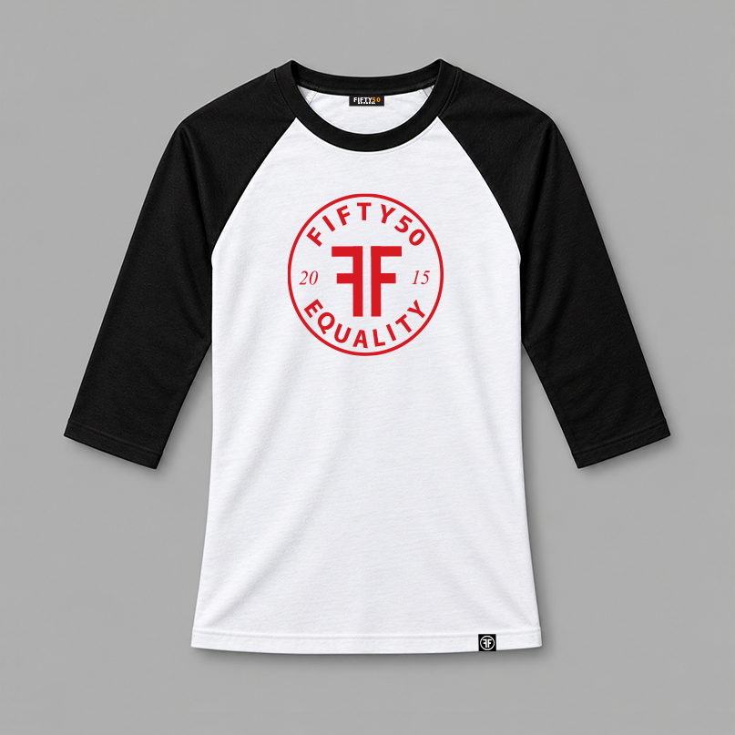 A white baseball t-shirt with a black collar and arms. Red center chest logo is round and has the text Fifty 50 at the top and Equality at the bottom with two Fs, back to back in the middle.