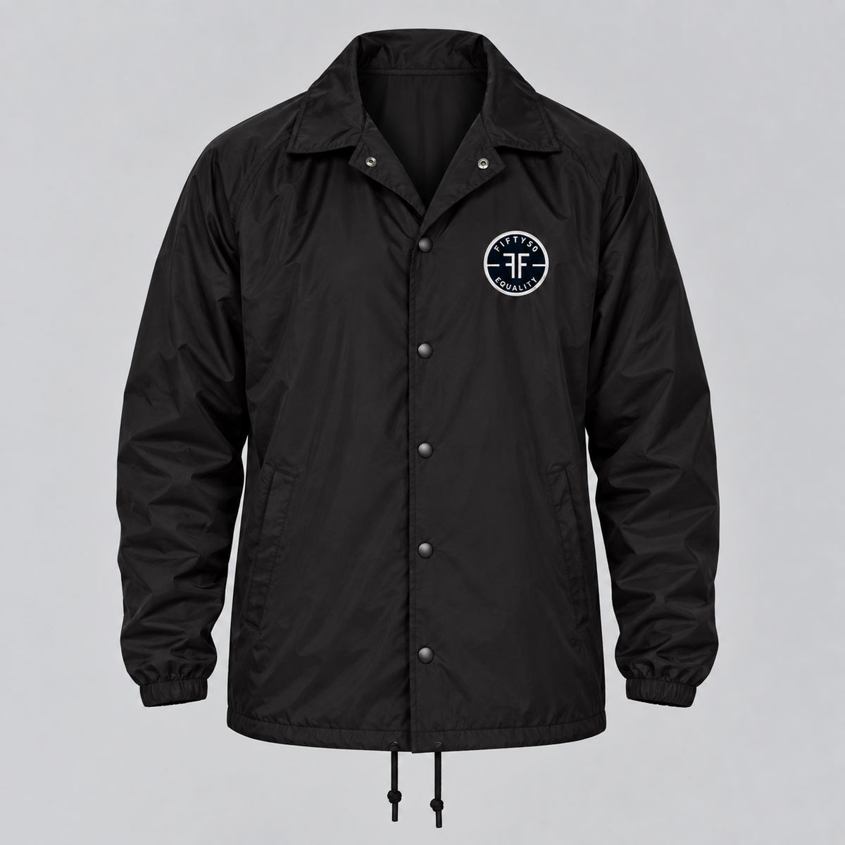 A black nylon jacket with black metal buttons. An embroidered patch is sewn on left chest with the text, Fifty50 and Equality below it. Two large Fs are back to back in the center.