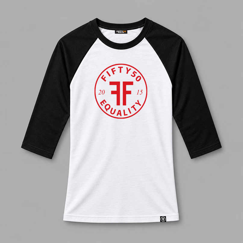 A white baseball t-shirt with a black collar and arms. Red center chest logo is round and has the text Fifty 50 at the top and Equality at the bottom with two Fs, back to back in the middle.