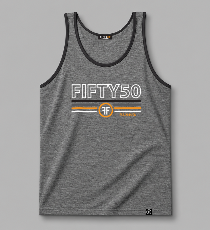 A heather gray sleeveless tank top with black trim and a graphic print on the front reading 'FIFTY50' with horizontal stripes in black, charcoal grey, orange and white and a circular FF logo, shown on a plain gray background.