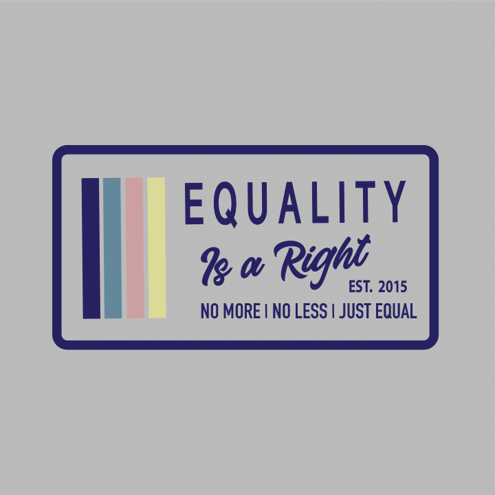 A logo with a navy, stone blue, pink and yellow design that says 'EQUALITY IS A RIGHT', 'NO MORE NO LESS JUST EQUAL' with a solid white background.