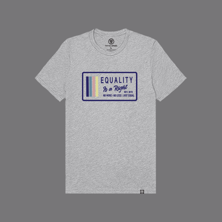 An ash grey graphic t-shirt with a navy, stone blue, pink and yellow design that says 'EQUALITY IS A RIGHT', 'NO MORE NO LESS JUST EQUAL' with a solid gray studio background.
