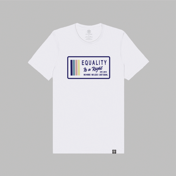 A white graphic t-shirt with a navy, stone blue, pink and yellow design that says 'EQUALITY IS A RIGHT', 'NO MORE NO LESS JUST EQUAL' with a solid gray studio background.