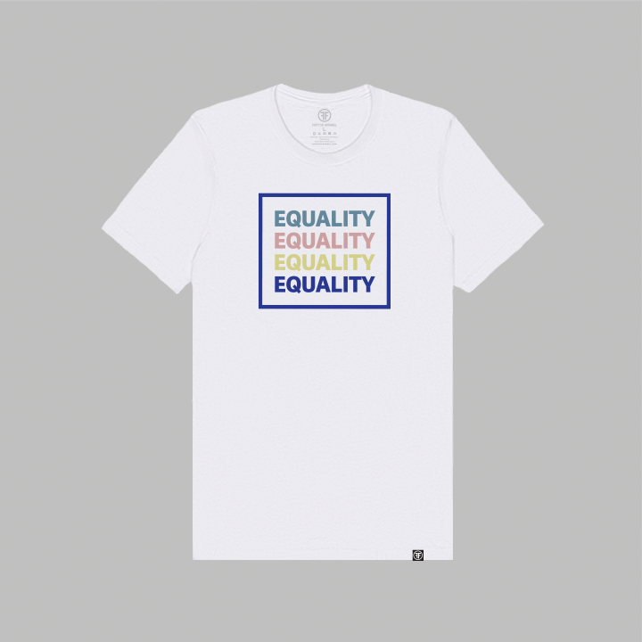 A white crewneck t-shirt with a colorful graphic print that reads 'EQUALITY' repeated in stone blue, pink, yellow, and navy blue.