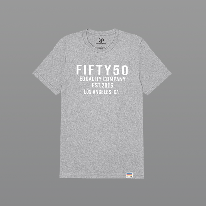 A heather light ash gray short-sleeve t-shirt with white text on the front reading 'FIFTY50 EQUALITY COMPANY EST.2015 LOS ANGELES, CA'. 