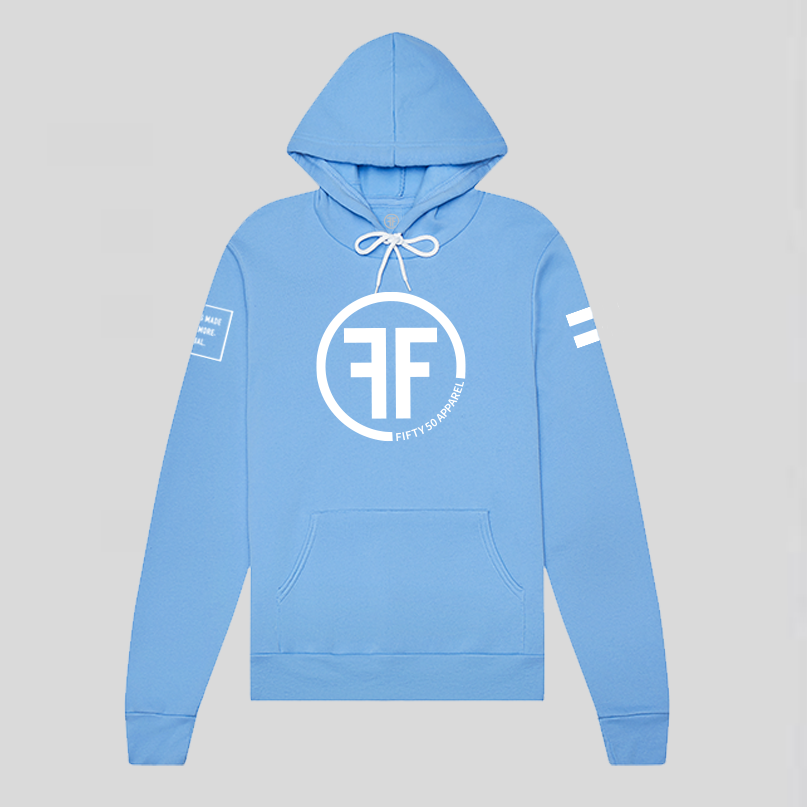A carolina blue equality hoodie with a white equal sign on left arm, and the text, Fifty 50 Apparel is made for equality, no more, no less, just equal, on the right arm.  Center chest logo has two Fs, back to back with a circle.