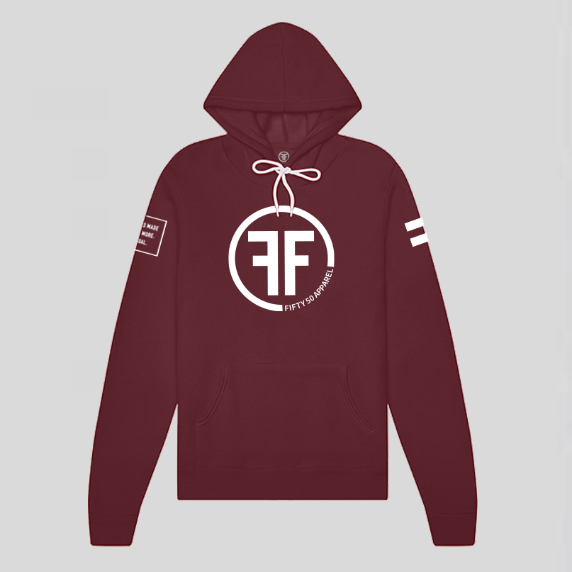 A maroon equality hoodie with a white equal sign on left arm, and the text, Fifty 50 Apparel is made for equality. No more, no less, just equal, on the right arm.  Center chest logo has two Fs, back to back with a circle.