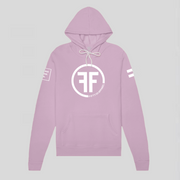 A pink equality hoodie with a white equal sign on left arm, and the text, Fifty 50 Apparel is made for equality, no more, no less, just equal, on the right arm.  Center chest logo has two Fs, back to back with a circle.