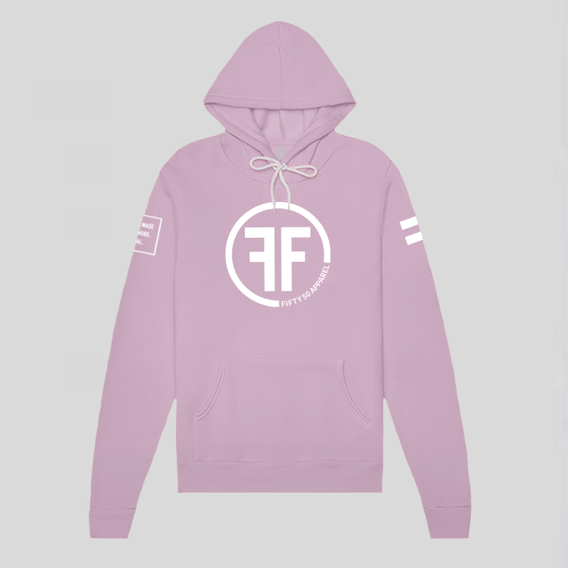 A pink equality hoodie with a white equal sign on left arm, and the text, Fifty 50 Apparel is made for equality, no more, no less, just equal, on the right arm.  Center chest logo has two Fs, back to back with a circle.
