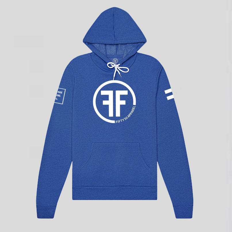 A heather royal blue equality hoodie with a white equal sign on left arm, and the text, Fifty 50 Apparel is made for equality, no more, no less, just equal, on the right arm.  Center chest logo has two Fs, back to back with a circle.