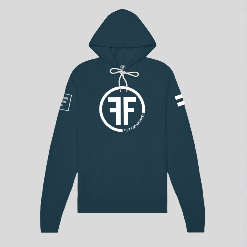 A teal equality hoodie with a white equal sign on left arm, and the text, Fifty 50 Apparel is made for equality, no more, no less, just equal, on the right arm.  Center chest logo has two Fs, back to back with a circle.