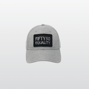 A textured grey linen, equality hat. It has a, sewn on, black patch with the embroidered text Fifty50, Equality, in bold, grey font.