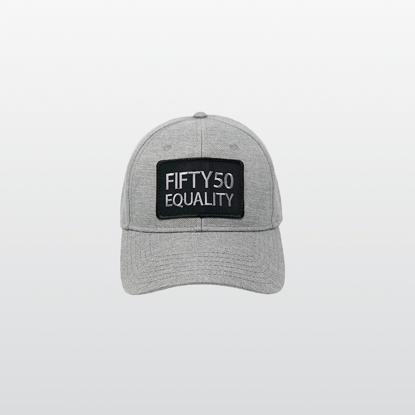 A textured grey linen, equality hat. It has a, sewn on, black patch with the embroidered text Fifty50, Equality, in bold, grey font.