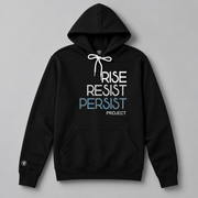 An anti MAGA unisex black hoodie. The text says Rise, Resist, Persist, Project. The font is bold in white, light grey, and Slate Blue.