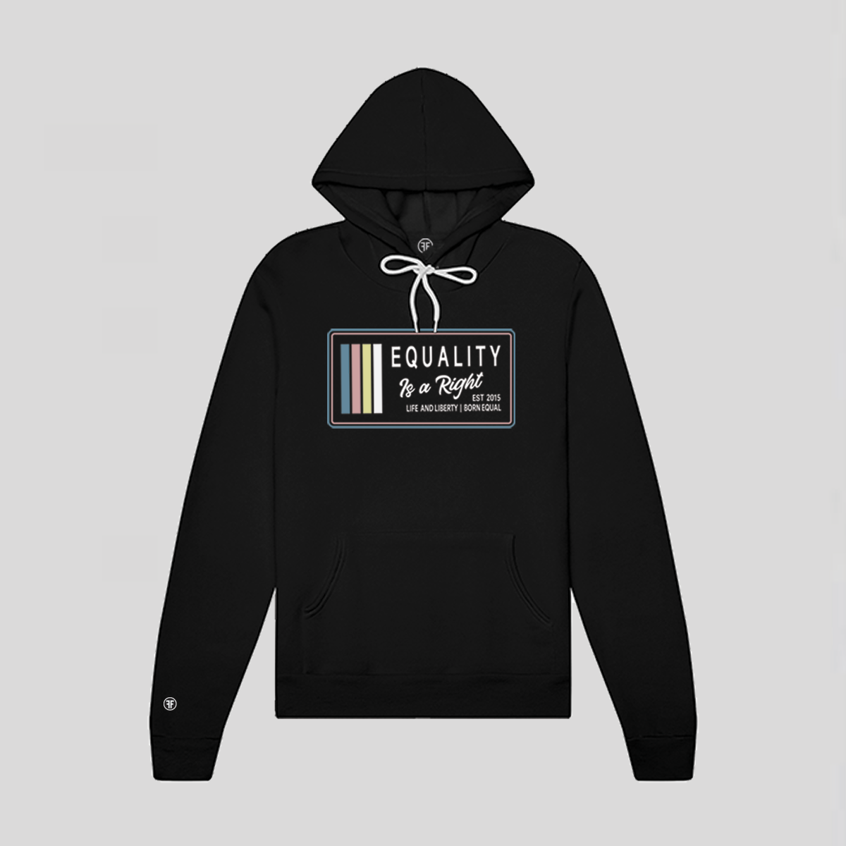 A black hoodie with the text, Equality, Life and Liberty, and Born Equal, in white bold font. The text, Is a Right, is in white script font. On the side of the logo are stripes of the colors Slate Blue, Dusty Rose, Bisque Gold, and white.