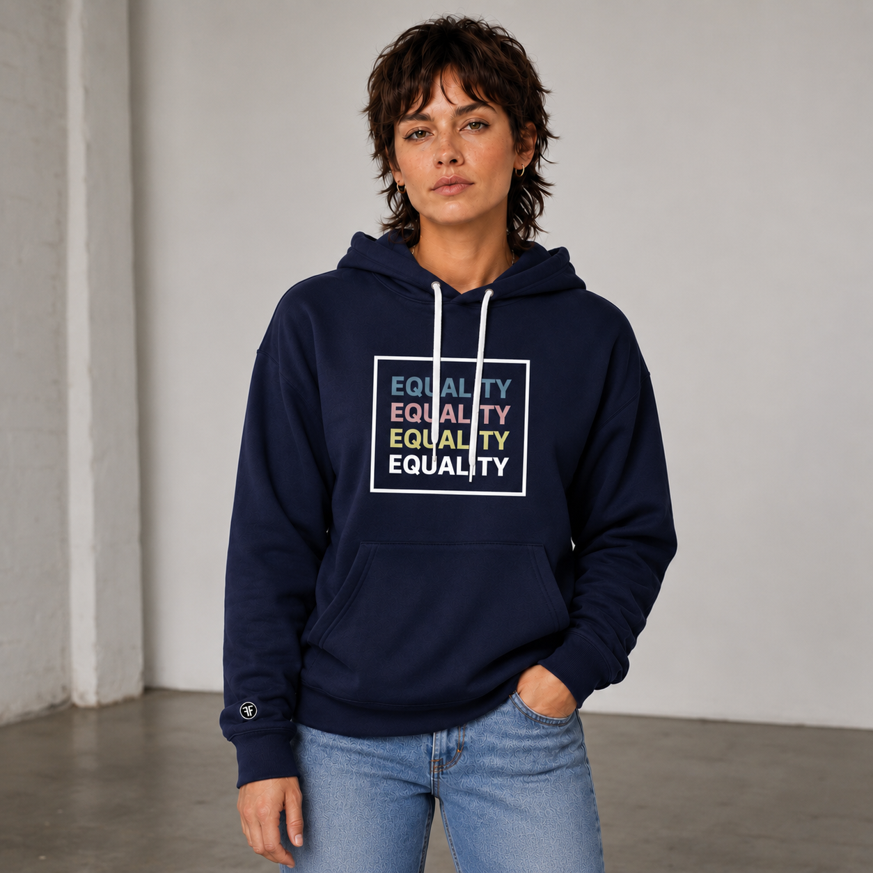 A woman wearing a navy blue hoodie with a white drawstring and a graphic on the chest that reads 'EQUALITY' repeated in blue, pink, yellow and white text inside a white square. She is also wearing light blue jeans, standing in a minimalist studio with a white wall and gray floor.