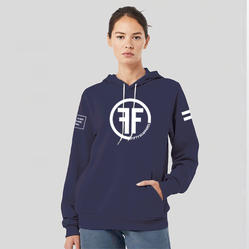 A lady wearing a navy blue equality hoodie with a white equal sign on left arm, and the text, Fifty 50 Apparel is made for equality, no more, no less, just equal, on the right arm. Center chest logo has two Fs, back to back outlined by a circle.