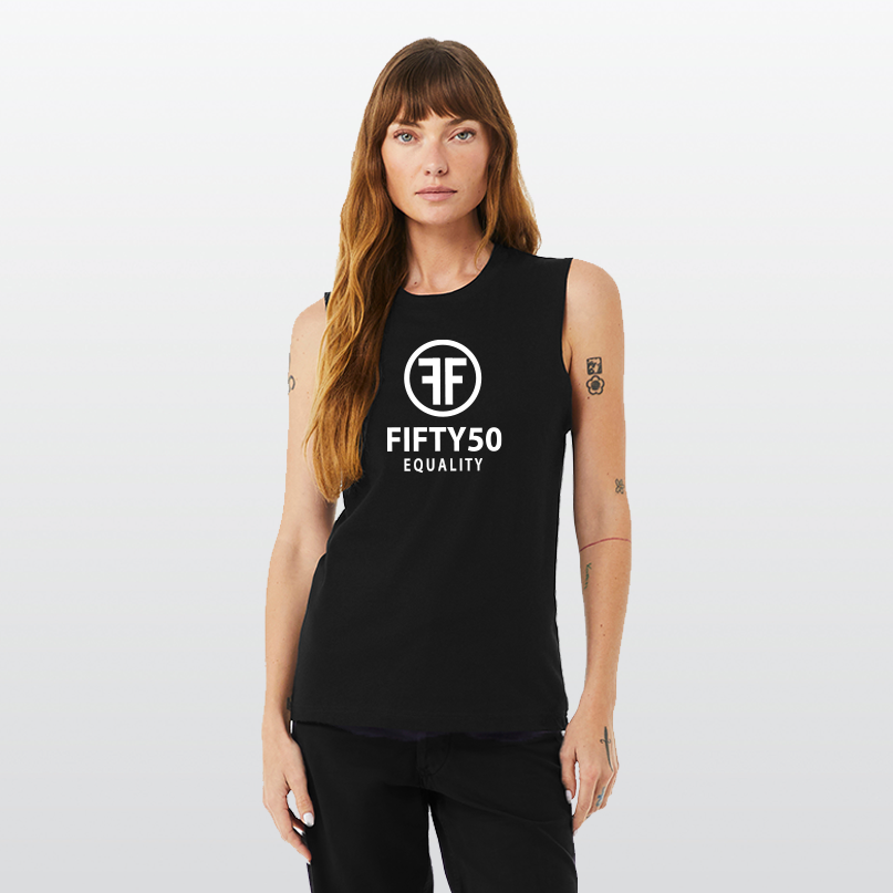 Lady wearing a black equality muscle tank top with a white logo. The text says Fifty50, Equality and the logo is two Fs, back to back, with a circle around it.