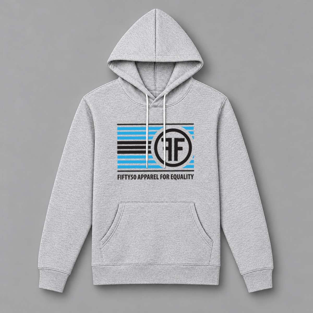 An ash grey pullover hoodie with the text 'FIFTY50 APPAREL FOR EQUALITY' in black that has turquoise and black horizontal lines with the Fifty50 logo in black to the left of the lines.