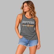 A  woman wearing a heather gray sleeveless tank top with black trim and a graphic print on the front reading 'FIFTY50' with horizontal stripes in black, charcoal grey, orange and white and a circular FF logo, shown on a plain gray background.